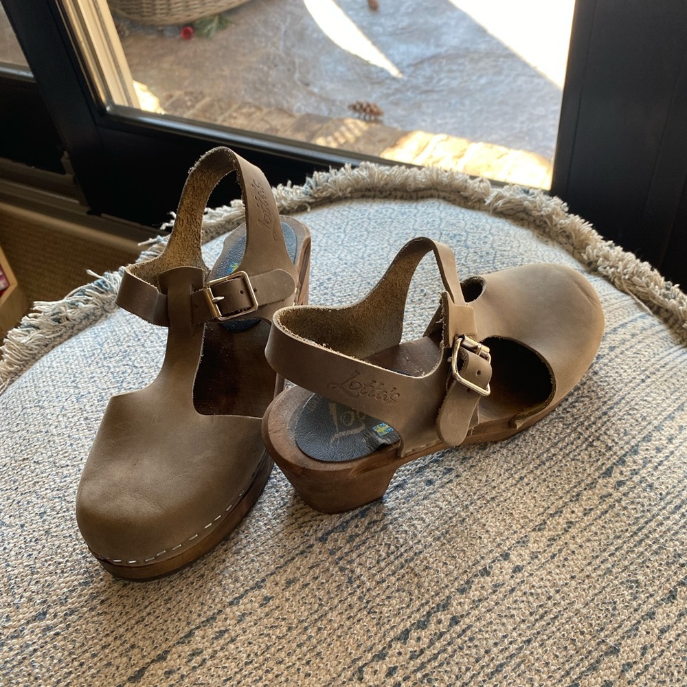 Lotta from Stockholm taupe Mary Jane style clogs with dark oiled base.